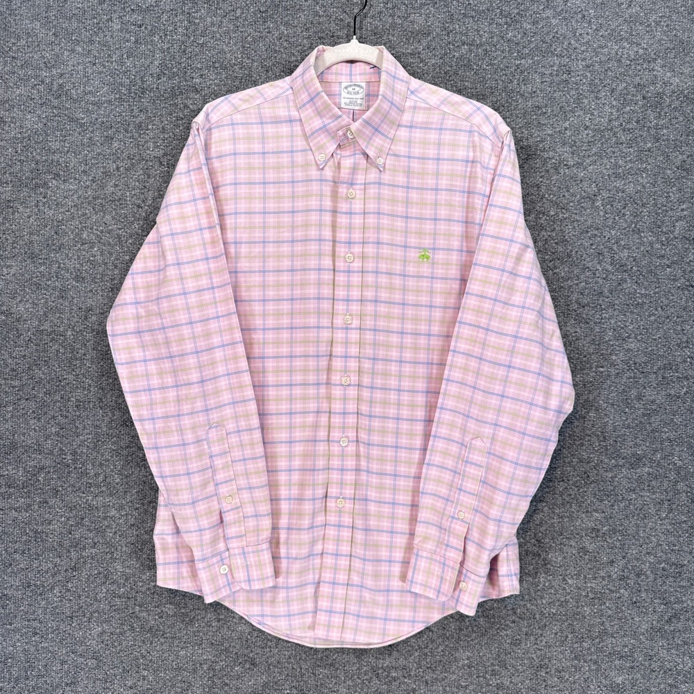 Brooks Brothers Shirt Mens Medium Pink Plaid Slim Fit Non Iron Cotton Button Up